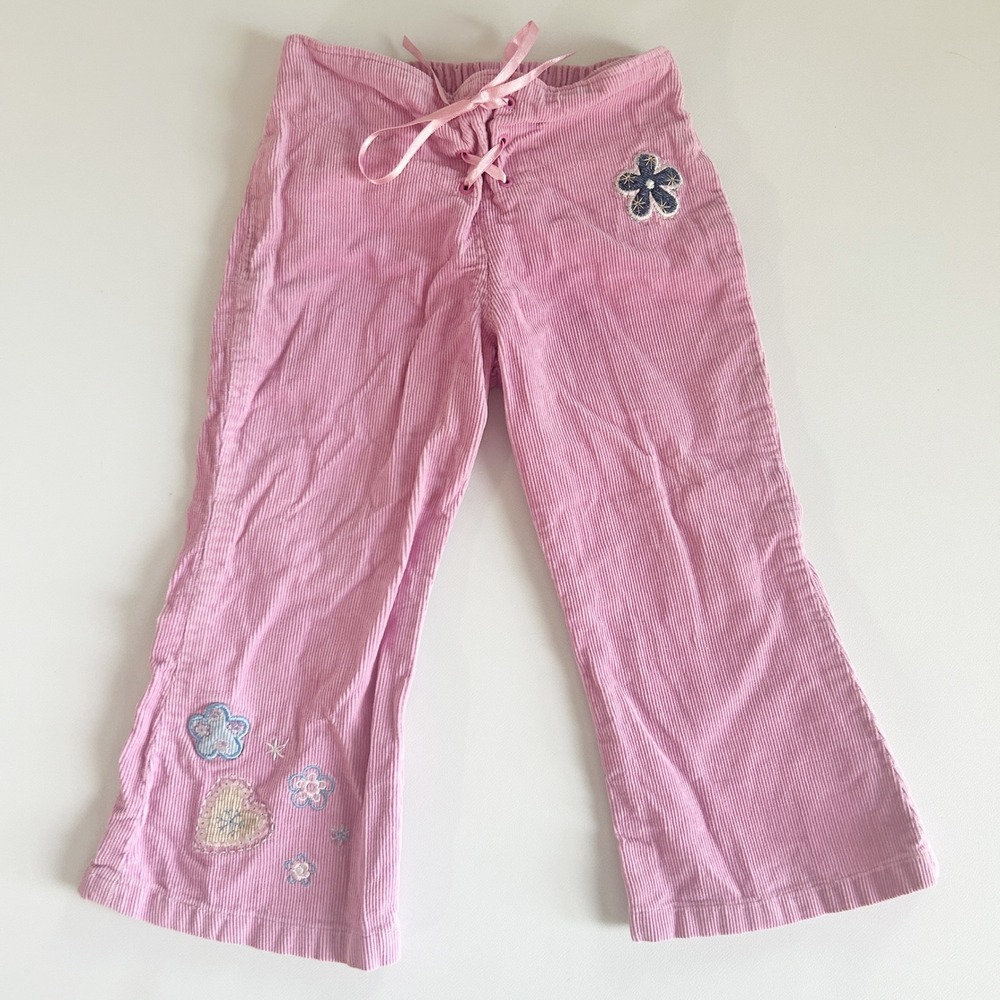 KRU Toddler Girls Pink Corduroy Lace Up Floral Vintage Y2K Flare Pants Size 2T